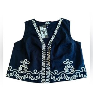 Women’s embroidered black and cream button front vest